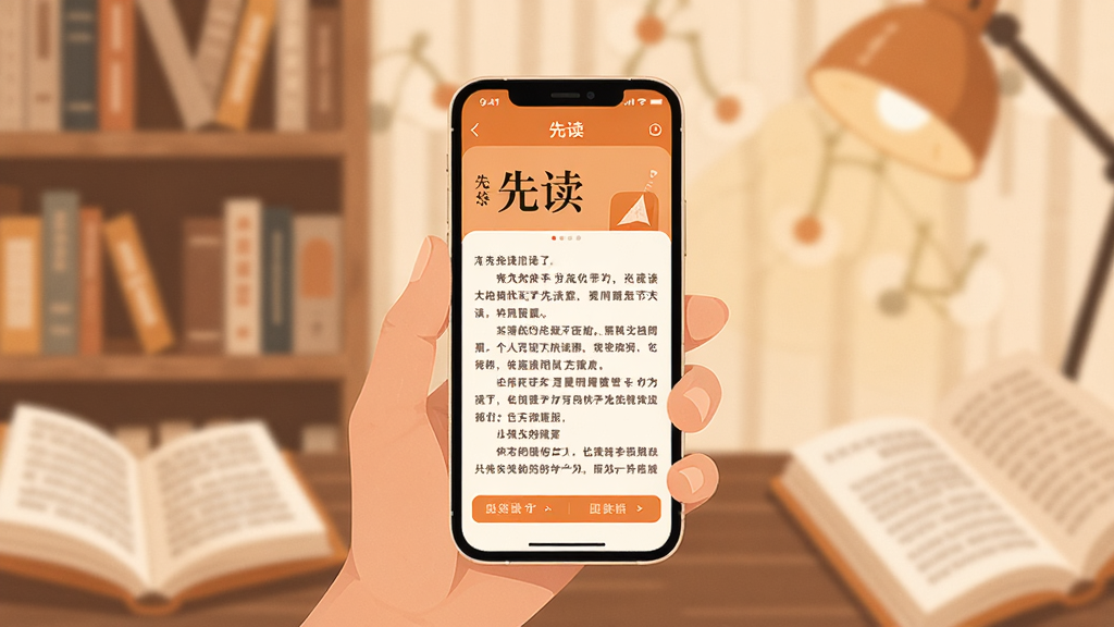 一幅现代简约风格的数字阅读场景插画,主体是一只手握着智能手机,屏幕中展示着“先读”APP的阅读界面,界面清晰显示书名和文字段落。背景是柔和虚化的书架和温暖灯光,布局以手机为中心,周围点缀几本翻开的纸质书。排版采用横向构图,突出“先读”应用界面。风格偏向写实与扁平结合,色调以暖橙色和米白色为主,体现阅读的温馨与专注。细节上,手机屏幕内需要显示“先读”二字和几行文字,画质高清干净,无多余元素。