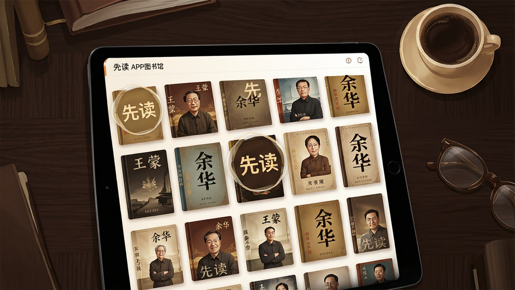 一张展示“先读”APP数字图书馆界面的概念图,主体是平板电脑上呈现的书籍封面墙,封面排列整齐,风格各异。布局采用网格状排版,书脊上隐约可见王蒙、余华等作家名字。背景是深色木质书桌,桌面放有一杯咖啡和眼镜。风格为现代商务插画风,色调以深棕和金色为主,突出藏书丰富与高端感。细节需放大书籍封面的“先读”水印Logo,画面干净,无多余元素。