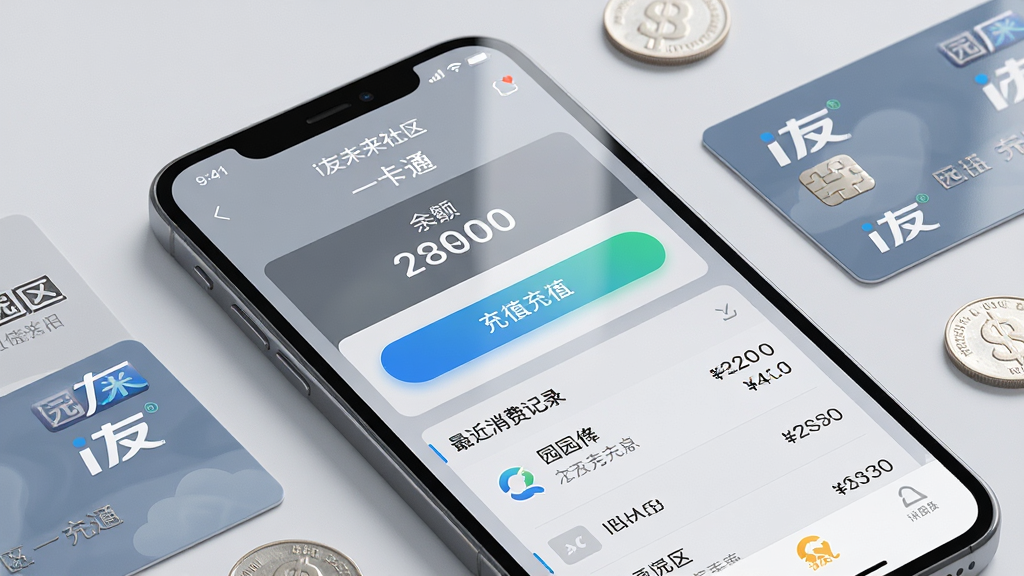 主体:一张特写的手机屏幕,显示“i友未来社区”APP的“一卡通”服务页面,页面内有余额数字、充值按钮和最近消费记录列表。布局:手机屏幕占据画面大部分,周围散落着几张模拟的园区一卡通实体卡片和几枚硬币,形成虚实对比。排版:屏幕内信息排版清晰,充值按钮高亮显示,背景为柔和的浅灰色。风格:简洁商务风,突出科技感与信任感。细节:卡片上的“i友”Logo清晰可见,屏幕反射出柔和光线,背景干净整洁。画质:高清,画面锐利,无多余元素。