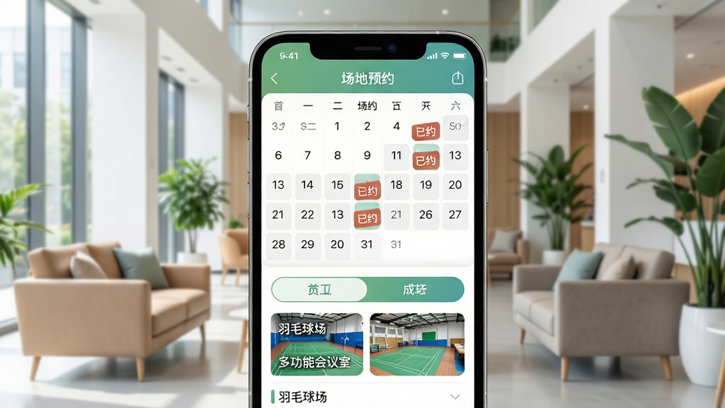 主体:手机屏幕上展示“i友未来社区”APP的“场地预约”界面,以日历视图展示,某几个日期标有“已约”标签,下方是场地列表,包含“羽毛球场”、“多功能会议室”等选项。布局:手机屏幕居中,背景为明亮的现代园区室内公共区域,可以看到舒适的沙发和绿植。排版:界面布局直观,日历与列表切换按钮清晰,整体色调和谐。风格:清新自然,结合商务与休闲感。细节:屏幕内场地图片清晰,背景环境整洁明亮。画质:高分辨率,画面通透,无多余元素。