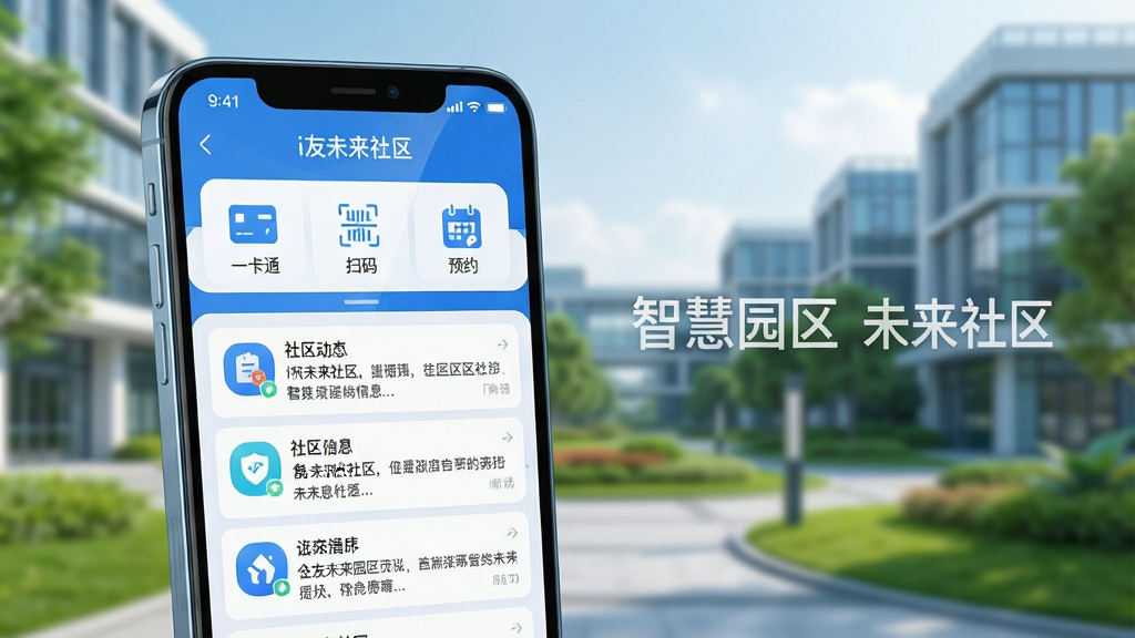 主体:一部智能手机屏幕占据画面中心,屏幕内清晰展示“i友未来社区”APP的主界面,界面风格现代简约,以蓝色和白色为主色调,顶部显示“一卡通”、“扫码”、“预约”等功能图标,中部为社区动态信息流。布局:手机位于画面中央偏左,右侧留有适当空白,背景为虚化的现代化科技园区建筑群和绿色植被。排版:手机屏幕内的信息层级分明,图标排列整齐,背景文字“智慧园区 未来社区”以水印形式淡化处理。风格:科技感、现代感、扁平化设计风格,色彩明亮清新。细节:手机屏幕反射出微妙的光泽,界面图标精致,背景园区景色清晰可辨。画质:4K超高清,画面干净,无多余元素。