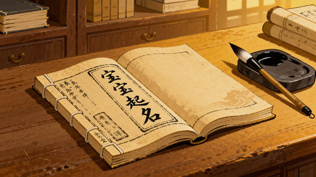 古典书房场景,木桌上摆放着一本线装古书,书页上印有“宝宝起名”字样,旁边是毛笔和砚台,背景是古朴的书架,整体色调为暖黄色,采用中国风插画风格,细节丰富,画质干净。