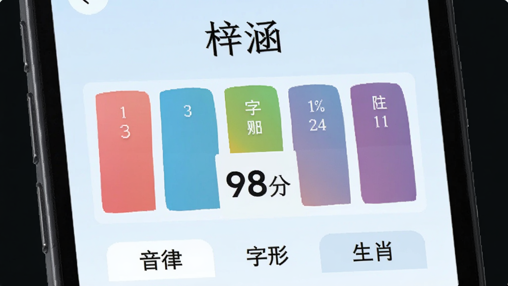 手机界面展示名字评分功能,顶部是名字“梓涵”,下方是五格数理条形图,每个格子有不同颜色,中间是总评分“98分”,底部有“音律”“字形”“生肖”三个标签,背景为浅蓝色,风格清新简洁,画质高清。