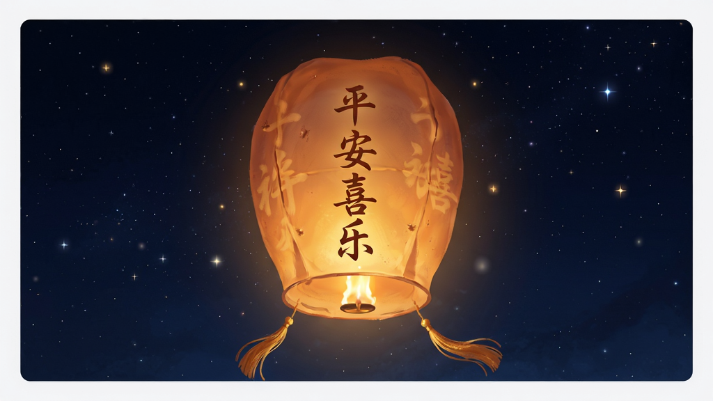 许愿柳:痴迷应用内孔明灯祈福功能预览图,画面主体是一盏缓缓升起的发光孔明灯,灯面上写有“平安喜乐”字样,背景是深邃的夜空和点点星光,布局以灯为中心,排版留白,风格梦幻唯美,细节包括灯火的温暖光晕和飘动的流苏,画质高清干净,无多余元素。