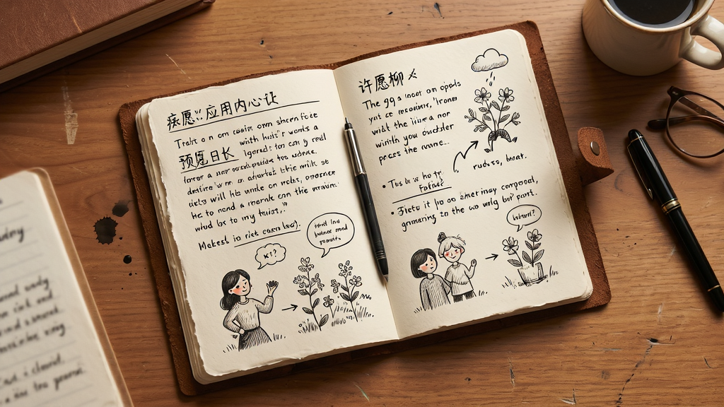 许愿柳:痴迷应用内心得日记功能预览图,画面主体是一本打开的电子日记本,页面上有手写的文字和插图,背景是木质的书桌,布局采用俯视角度,排版文艺,风格温馨,细节包括笔迹的墨水和纸张的纹理,画质清晰干净,无多余元素。
