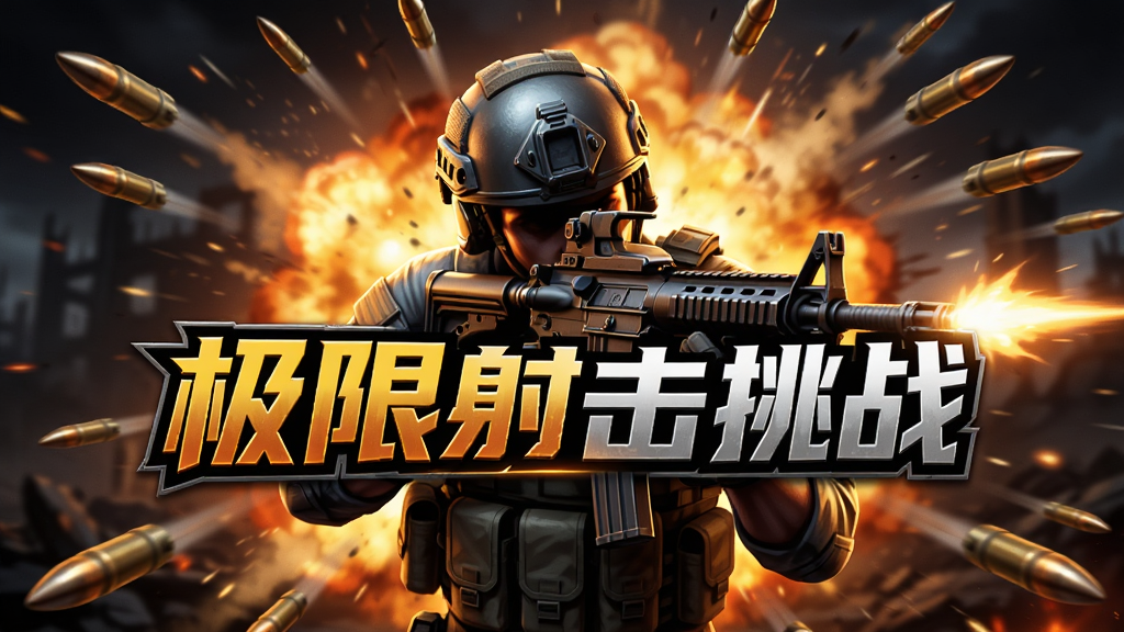 一幅充满动感的游戏宣传图,主体是《极限射击挑战》的游戏LOGO,背景是爆炸火焰和子弹飞溅的战场,画面中央一名持枪特种兵正在瞄准,整体采用暗色调,光影对比强烈,画质细腻,干净无多余元素
