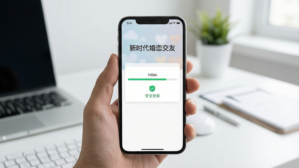 画面主体为“新时代婚恋交友”应用在手机上的安装界面,背景为整洁桌面,布局居中,排版清爽,风格写实,细节包括安装进度条与“安全安装”提示,画质高清干净,无多余元素,文字标明“新时代婚恋交友”