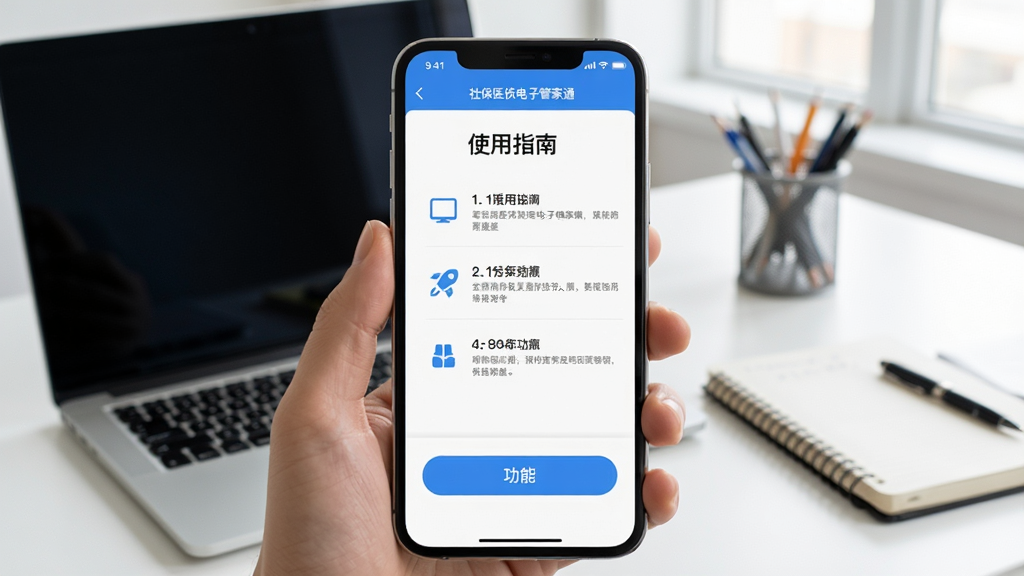 主体为手机屏幕展示社保医保电子管家通使用场景,界面显示“使用指南”页面,包含步骤说明和功能按钮。背景为明亮的工作环境,有电脑和笔记本,风格写实清晰,画质干净,突出应用操作界面。