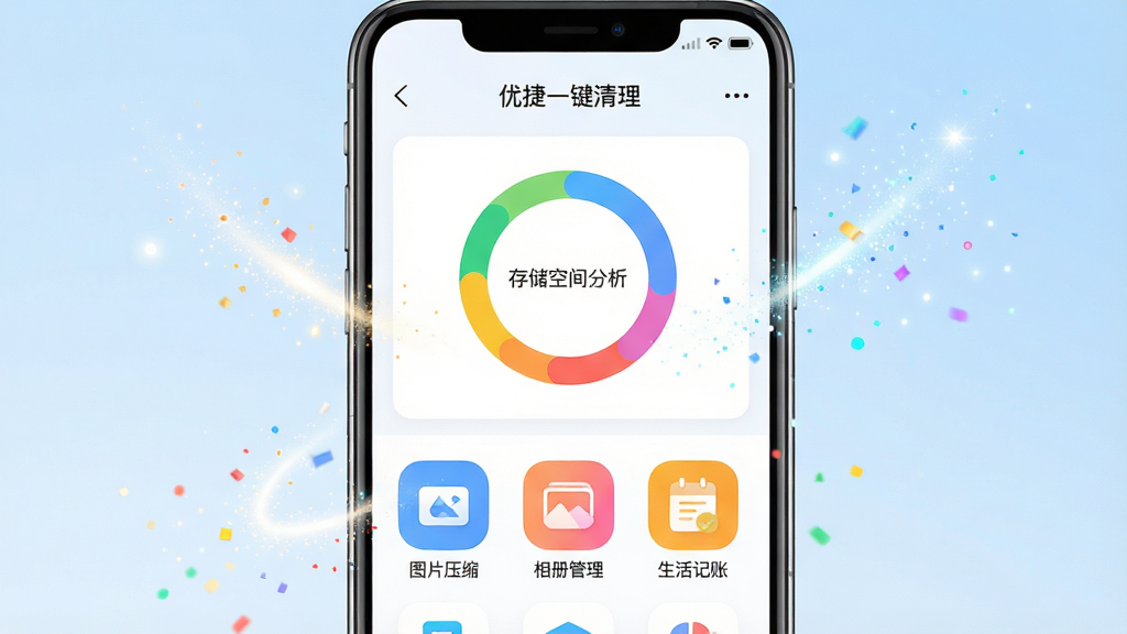 画面主体为一部智能手机屏幕特写,屏幕内显示“优捷一键清理”App的主界面,界面风格简洁明亮,上方有“存储空间分析”彩色环形图,中部排列“图片压缩”、“相册管理”、“生活记账”等圆角功能图标。手机周围悬浮着代表清理的粒子光效,背景为纯净的浅蓝渐变,整体布局居中,排版清晰,现代扁平化风格,细节精致,画质高清,干净无多余元素