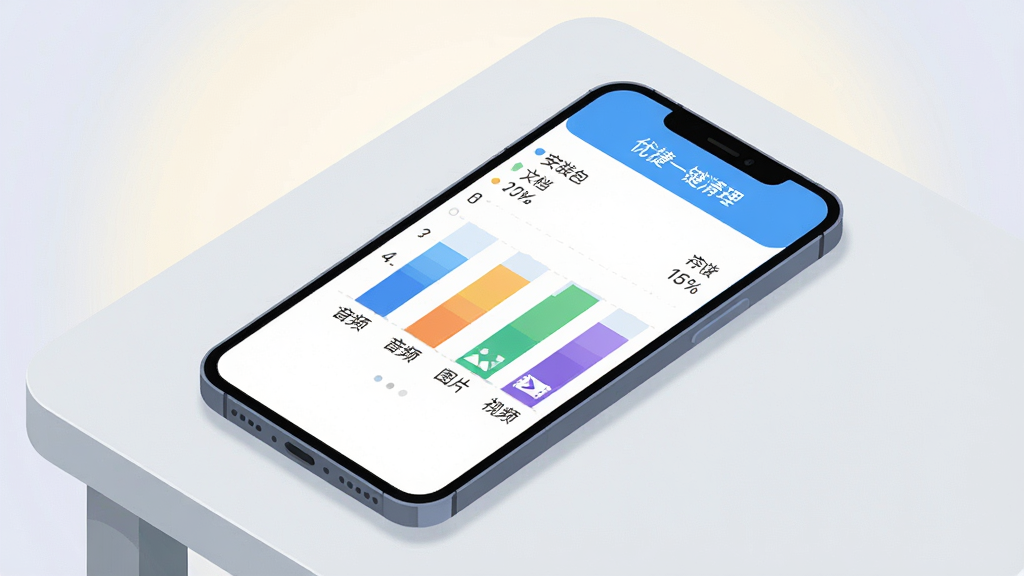 主体为智能手机屏幕展示“优捷一键清理”App的存储分析页面,屏幕中显示彩色柱状图,分别标注“安装包”、“文档”、“音频”、“图片”、“视频”等分类及占比百分比。手机斜放在浅灰色桌面上,背景为柔和的浅色光晕,构图居中,排版清晰,科技感扁平插画风格,细节丰富,画质高清,干净无多余元素
