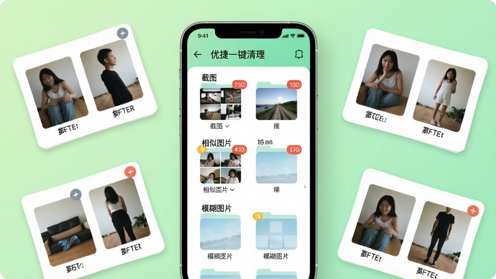 主体为手机相册管理界面,屏幕上显示“优捷一键清理”App的相册管理页面,将照片分为“截图”、“相似图片”、“模糊图片”等多个相册文件夹,每个文件夹上带有数量角标。手机旁散落着几张带有压缩前后对比的图片卡片,背景为清新的浅绿色渐变,主体居中,排版规整,现代简约风格,细节柔和,画质干净,无多余元素