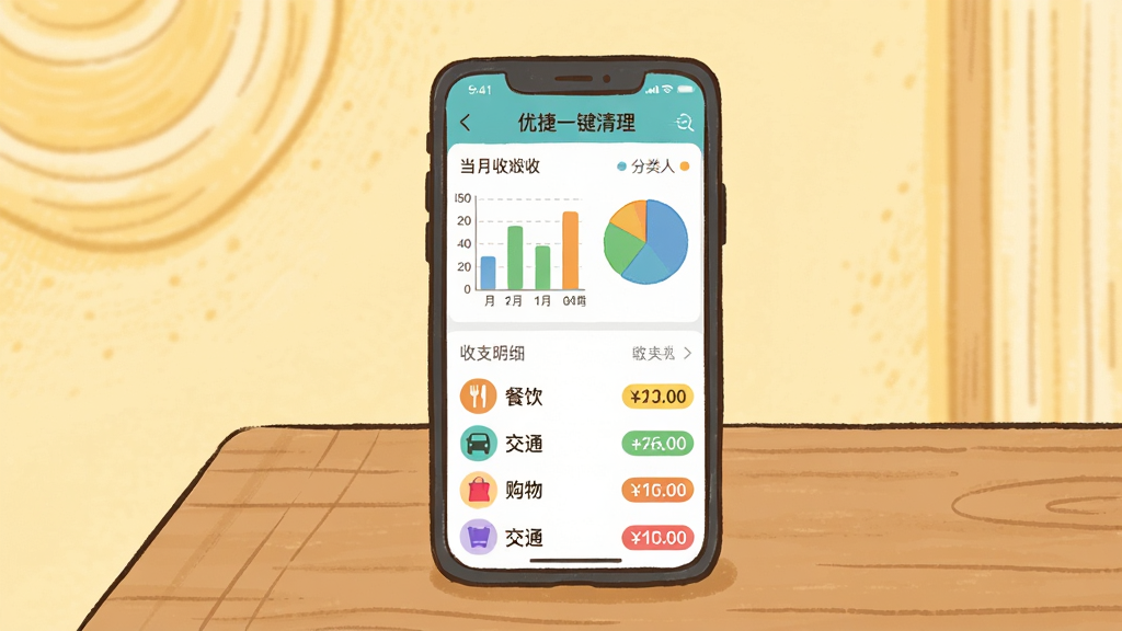 主体为手机屏幕显示“优捷一键清理”App的生活记账界面,屏幕上展示当月收支柱状图与分类饼图,下方为收支明细列表,包含“餐饮”、“交通”、“购物”等分类图标与彩色金额标签。手机放置于木质桌面上,背景为浅黄色暖色调,构图居中,排版有序,手绘扁平风格,细节温馨,画质干净,无多余元素
