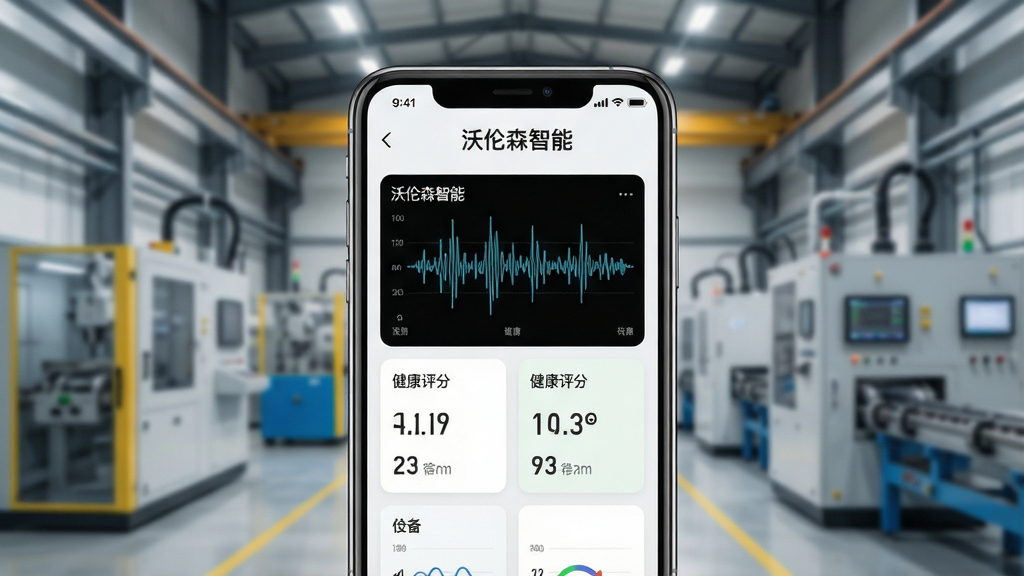 一张展示沃伦森智能APP核心界面的高清图片,画面中央是手机屏幕特写,屏幕上清晰显示“沃伦森智能”字样及相关设备振动波形图、健康评分等数据卡片,背景为现代化的工业厂房或设备现场,虚实结合,构图专业,画质清晰,干净无多余元素