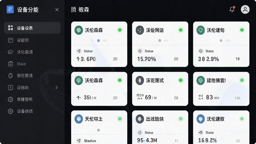 沃伦森智能APP设备管理列表界面,左侧为设备分组侧边栏,右侧显示多台设备卡片,每张卡片包含设备名称、状态指示灯及关键参数,整体风格现代简约,图标清晰,画质干净,无多余元素