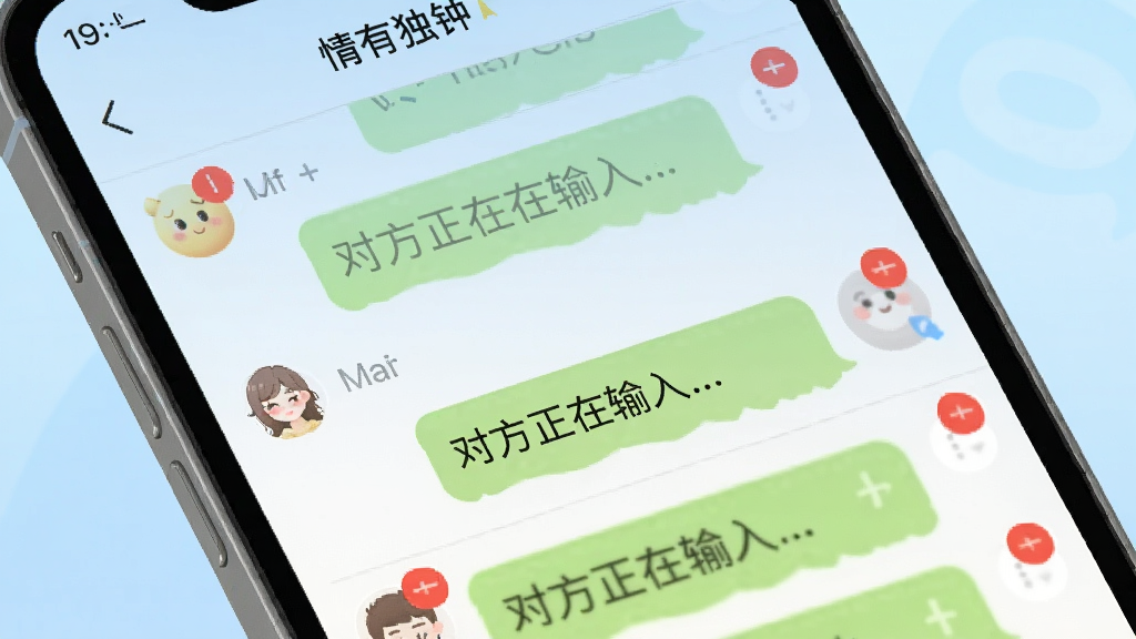 手机屏幕显示“情有独钟”聊天列表界面,多个对话窗口都有红色未读标记,其中一条对话显示“对方正在输入…”,背景是浅蓝色渐变,整体风格清爽,画质干净,无多余元素。