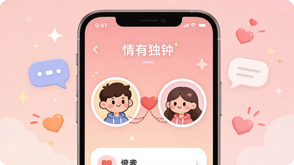 画面中央是一部亮着屏幕的手机,屏幕上显示“情有独钟”交友软件界面,界面中有两个卡通人物头像通过爱心连接,背景是温馨的粉色渐变,周围漂浮着对话气泡和爱心图案,整体风格清新可爱,画质干净,无多余元素。