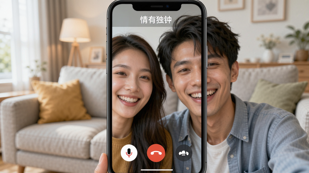 手机屏幕显示“情有独钟”视频聊天界面,画面中有两位年轻男女正在开心视频通话,屏幕顶部有“情有独钟”字样,底部有麦克风、挂断等按钮图标,背景为模糊的客厅,整体风格温馨明亮,画质清晰,干净无多余元素。