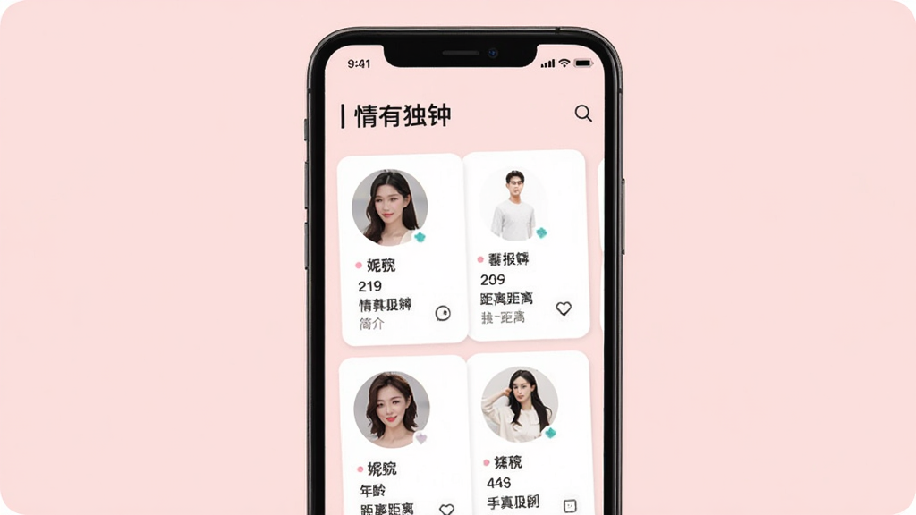 手机屏幕显示“情有独钟”推荐页面,以卡片形式展示多位男女用户头像、昵称、年龄、距离和简介,背景是淡粉色,整体风格简约时尚,画质干净,无多余元素。