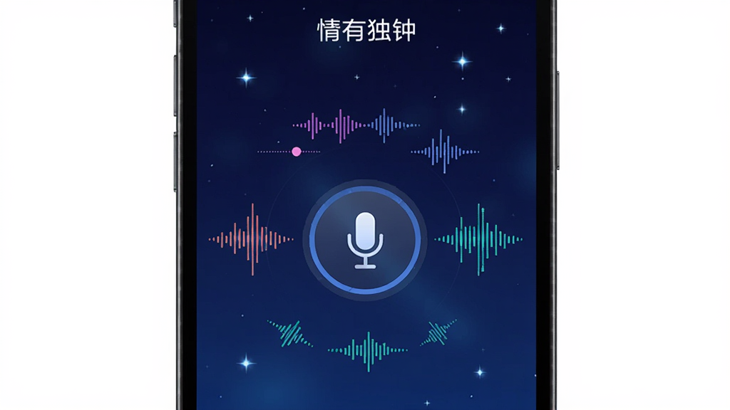 手机屏幕展示“情有独钟”语音聊天界面,中央有麦克风图标,周围环绕着不同的声音波形,背景是深蓝色渐变,点缀星光,整体风格科技感十足,画质干净,无多余元素。