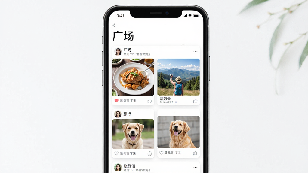手机屏幕展示“情有独钟”广场动态界面,顶部有“广场”字样,下方是瀑布流形式的图文动态卡片,有美食、旅行、宠物等照片,背景是白色,整体风格清新自然,画质干净,无多余元素。
