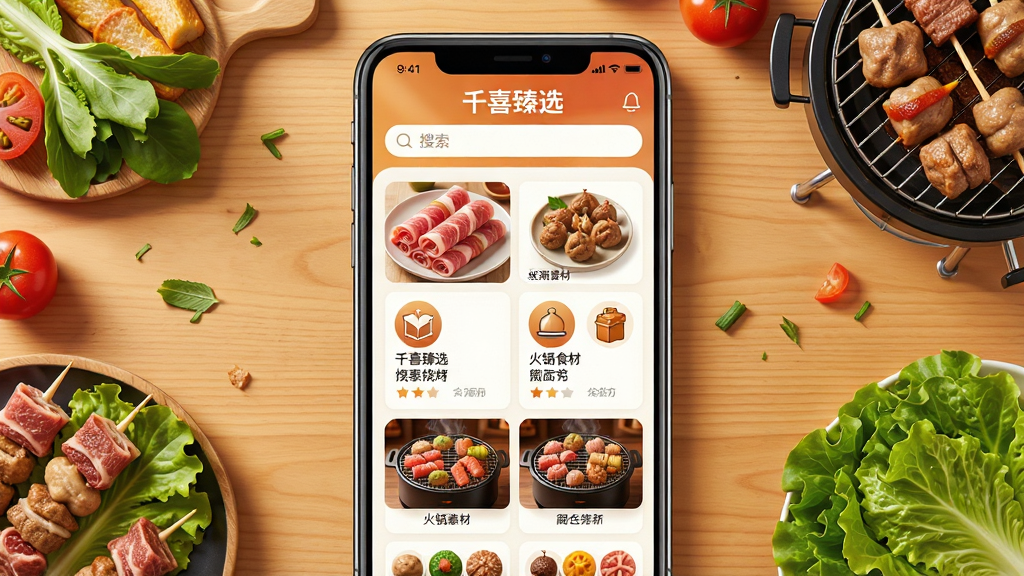 主体:千喜臻选APP的界面预览图,手机屏幕内展示烧烤和火锅食材分类,有肉卷、丸子、生菜、烤炉等,顶部有“千喜臻选”品牌名称和搜索栏。布局:手机居中,背景为暖色木纹餐桌,周围点缀新鲜食材。排版:界面清晰,图标有序排列。风格:明亮写实,食物诱人,画面干净整洁。细节:高光突出食材新鲜度,界面图标精致。画质:4K超清,干净,无多余元素。