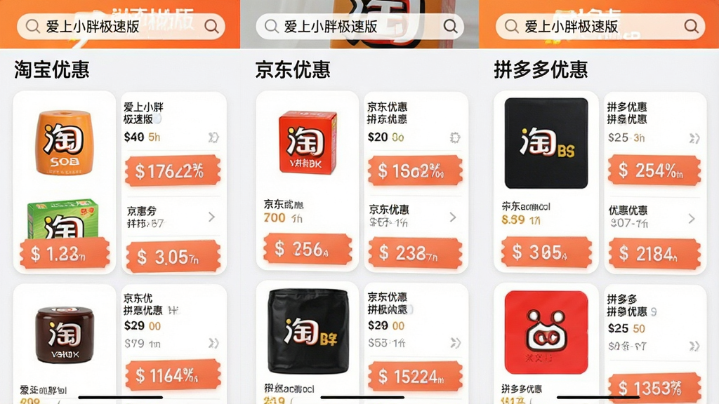 主体:一张展示“爱上小胖极速版”APP内部界面的截图,界面分为“淘宝优惠”、“京东优惠”、“拼多多优惠”三个板块;布局:左右分栏,每个板块展示3个商品卡片;排版:信息流布局,卡片圆角设计;风格:写实风格,界面明亮;细节:每个商品卡片上显示价格和优惠券金额,顶部搜索栏有“爱上小胖极速版”字样;画质:清晰,干净,无多余元素。