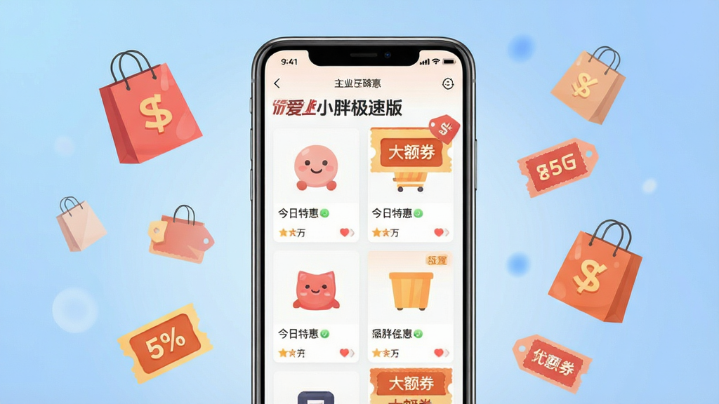 主体:一部亮着屏幕的智能手机,屏幕中显示“爱上小胖极速版”APP界面,界面包含商品列表和优惠券标签;布局:手机居中,背景为柔和的渐变蓝色,周围有漂浮的购物袋和折扣标签;排版:简洁现代,商品卡片整齐排列;风格:扁平化插画风格,色彩明亮;细节:APP界面中清晰显示“爱上小胖极速版”字样,以及“今日特惠”、“大额券”等栏目;画质:高清,干净,无多余元素。