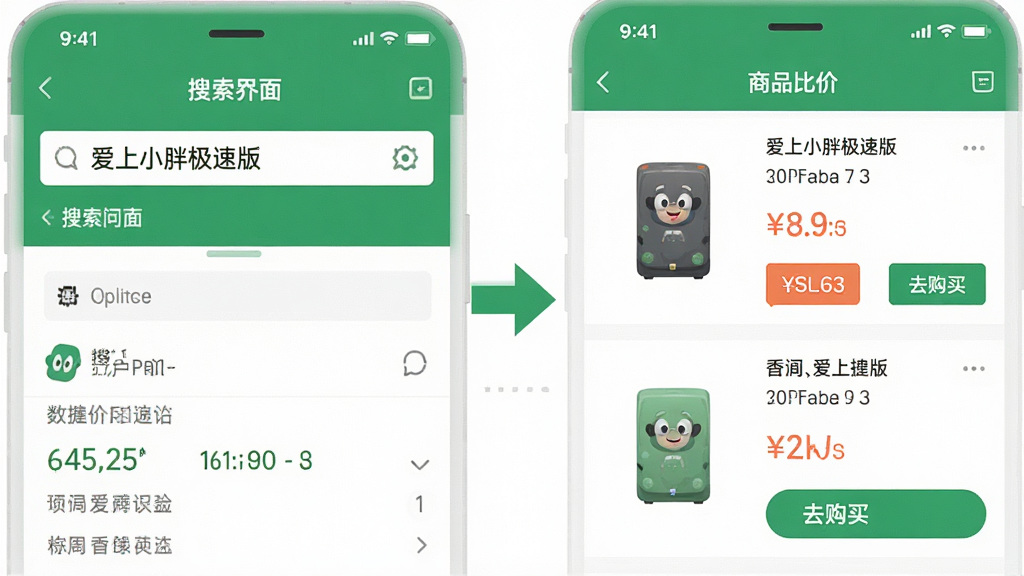 主体:对比图,左侧是“爱上小胖极速版”APP的搜索界面,右侧是商品比价结果页;布局:左右对比,中间用箭头连接;排版:清晰直观;风格:扁平化设计,绿色主色调;细节:左侧搜索框显示“爱上小胖极速版”,右侧显示不同平台的价格和“去购买”按钮;画质:干净,无多余元素。