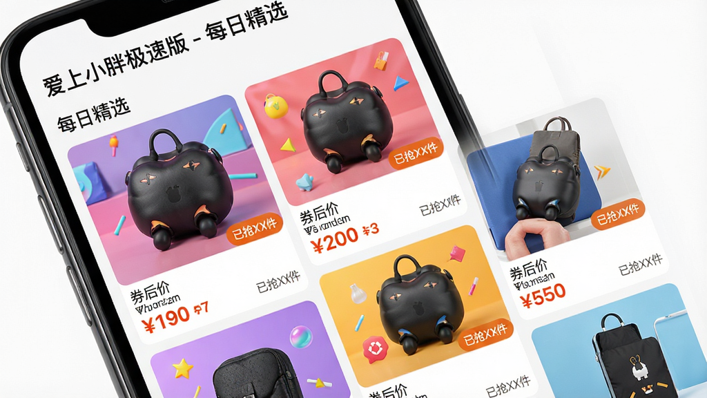 主体:手机屏幕展示“爱上小胖极速版”的“每日精选”页面,页面包含多个商品大图和价格标签;布局:瀑布流式布局,图片大小不一,错落有致;排版:大图模式,突出商品细节;风格:现代时尚,色彩鲜艳;细节:屏幕顶部显示“爱上小胖极速版 - 每日精选”字样,每张商品图下方有“券后价”和“已抢XX件”标识;画质:高清,干净,无多余元素。