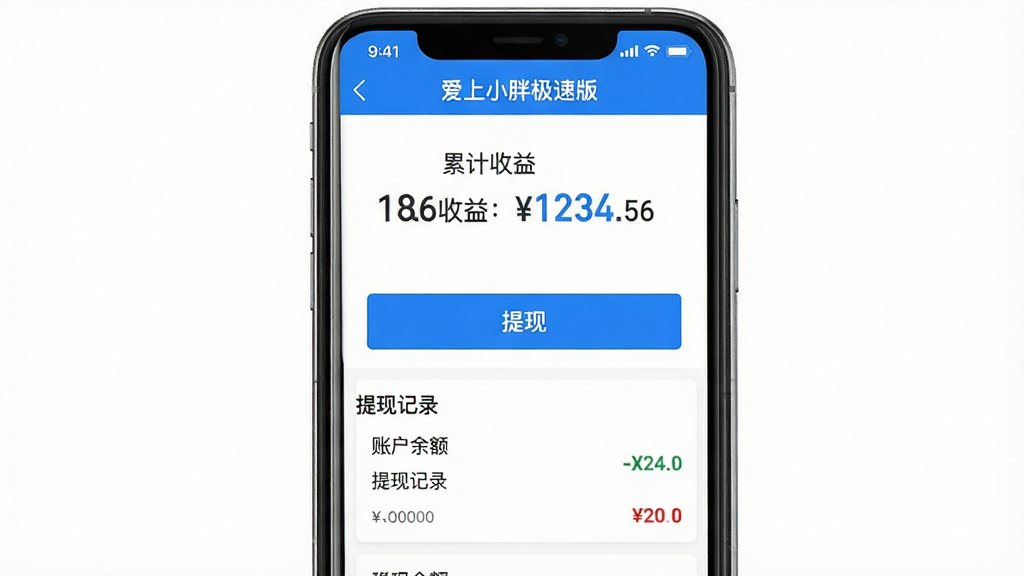主体:一张手机截图,展示“爱上小胖极速版”的“我的收益”页面,显示账户余额和提现记录;布局:简洁列表,顶部有总收益数字;排版:清爽,数字突出;风格:商务简洁风,蓝色点缀;细节:页面顶部显示“爱上小胖极速版”和“累计收益:1234.56”,下方有“提现”按钮;画质:高清,干净,无多余元素。