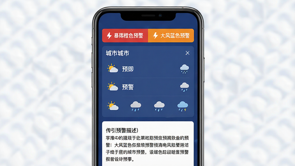 一张手机应用程序的界面设计图,主色调为深蓝色,顶部有红色和橙色的预警横幅,显示“暴雨橙色预警”和“大风蓝色预警”,中间是城市列表和对应的天气图标,下方是详细的预警描述文字,界面布局清晰,信息展示直观,画质干净,无多余元素