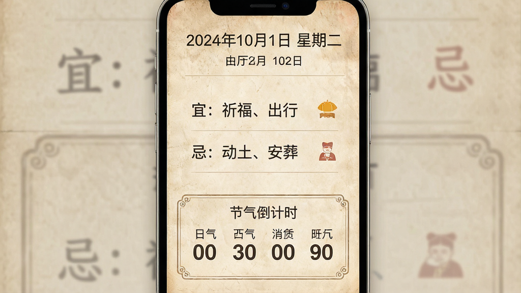 一张手机应用界面设计图,界面采用米黄色复古纸张纹理背景,顶部显示“2024年10月1日 星期二”和农历日期,中间区域用列表形式展示了“宜:祈福、出行”和“忌:动土、安葬”等内容,下方有节气倒计时模块,整体风格古朴典雅,排版整齐,画质干净,无多余元素