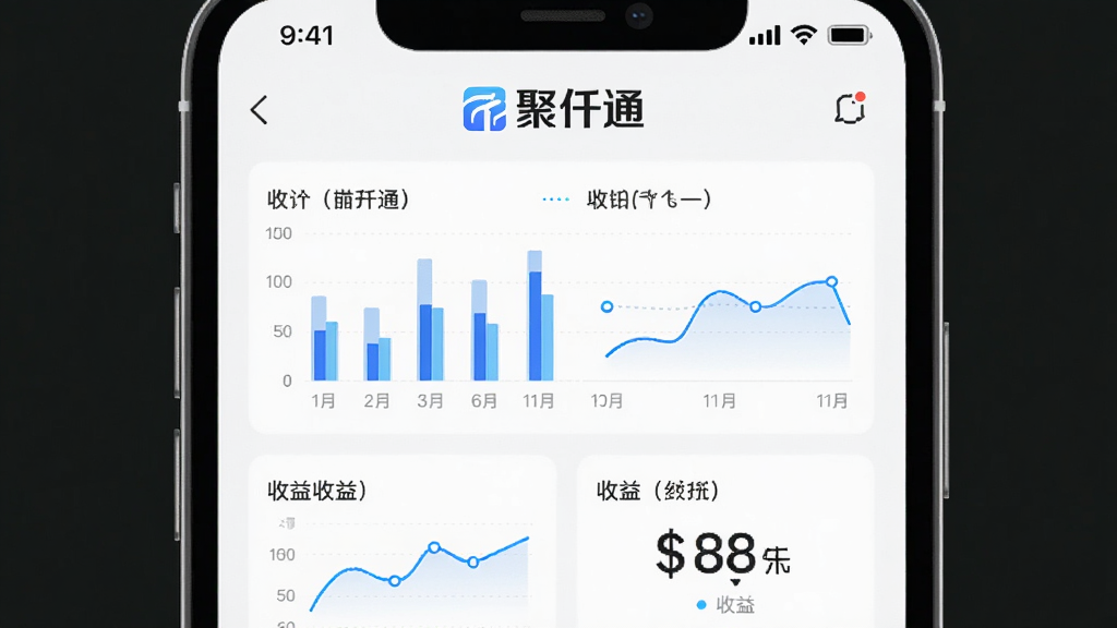 主体为智能手机屏幕展示聚仟通APP主界面,界面内显示“聚仟通”品牌名称和各类数据图表,布局居中,风格现代简约,细节包含柱状图、折线图、收益数字,画质高清干净,无多余元素