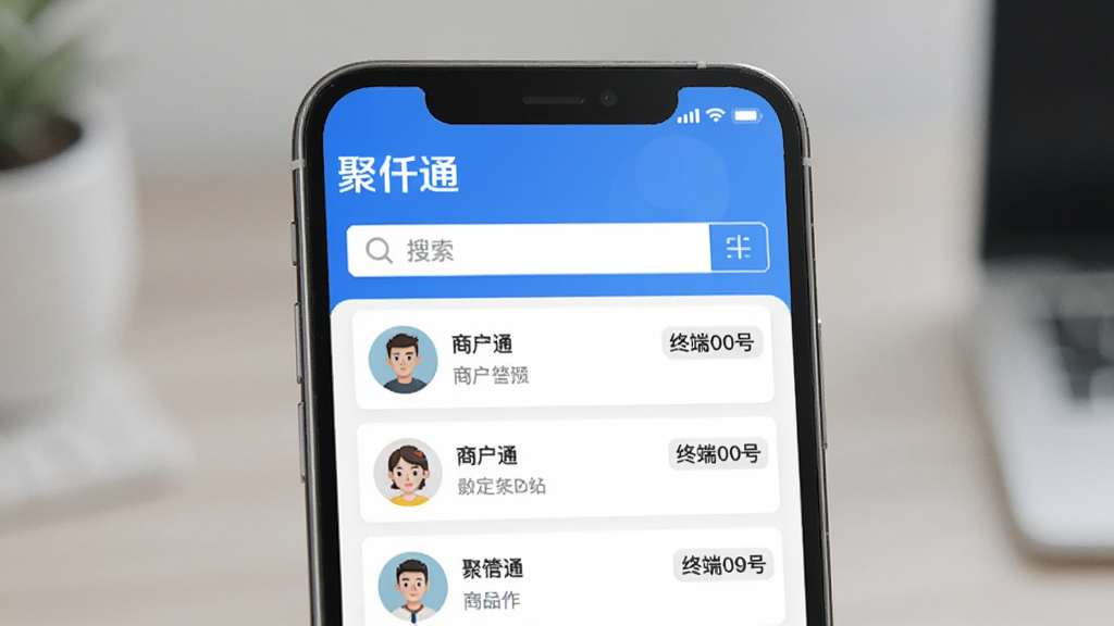 主体为聚仟通APP查询管理界面,展示商户列表和搜索框,屏幕内显示“聚仟通”品牌名,布局简洁,风格清爽,细节包含头像、商户名称、终端编号,画质细腻,无多余元素