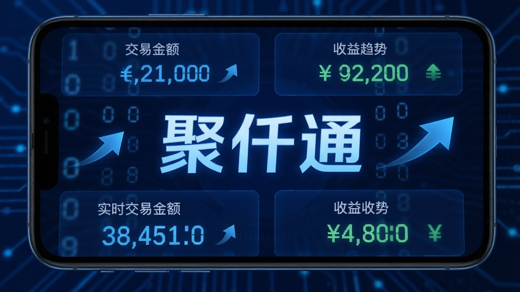 主体为聚仟通APP收益数据界面,展示实时交易金额与收益数字,屏幕中央显示“聚仟通”字样,布局居中,风格科技蓝,细节包含数字滚动效果、趋势箭头、货币符号,画质高清,无多余元素