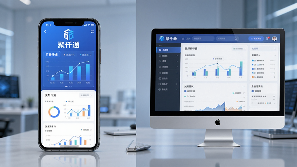 主体为聚仟通APP在手机和电脑上运行效果对比图,左侧手机右侧电脑,屏幕均显示“聚仟通”界面,布局对称,风格科技感,细节包含数据图表和菜单,画质清晰,无多余元素