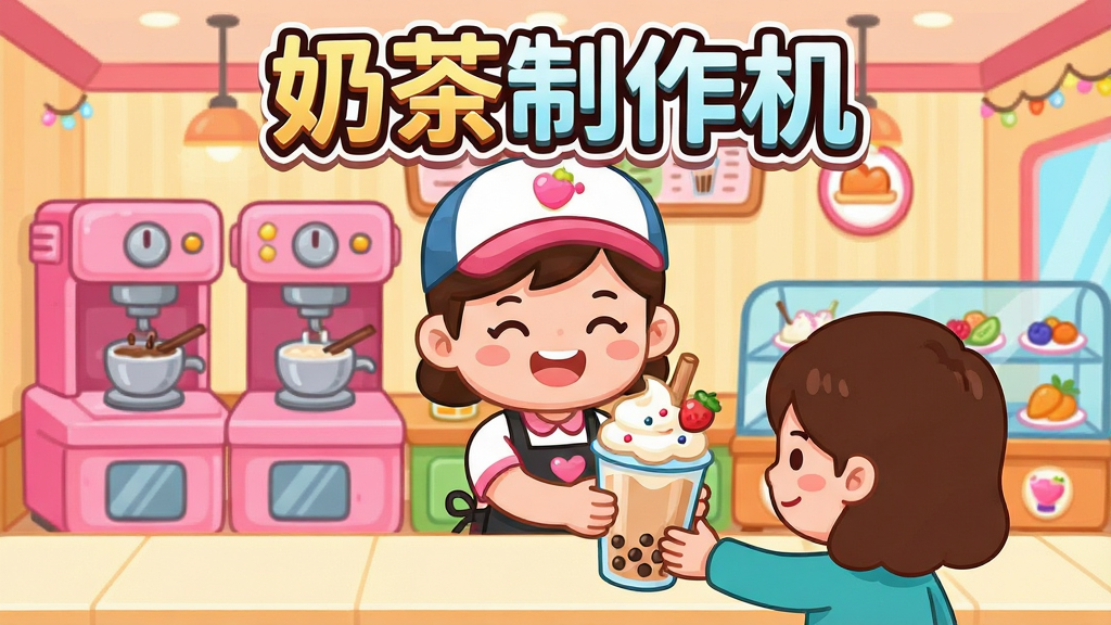一张色彩明亮、充满活力的手机游戏宣传图,主体是游戏《奶茶制作机》的卡通风格主界面,画面中央是一位笑容可掬的店员角色,正将一杯装饰着奶油和水果的奶茶递给顾客。背景是温馨可爱的奶茶店内部,摆放着各种粉色的制作机器和展示柜。布局采用中心构图,人物和奶茶杯清晰醒目。整体风格为扁平化Q版卡通,细节丰富,色彩鲜艳饱和,画质清晰干净,无多余元素。图片上方带有游戏名称“奶茶制作机”的艺术字标题。