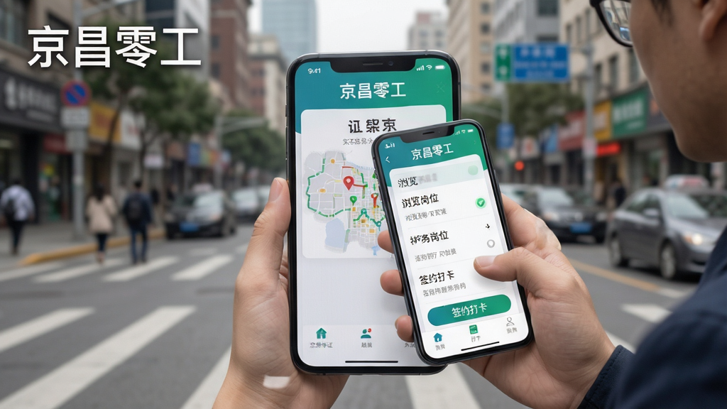 京昌零工APP使用教程场景图,展示用户使用手机进行实名认证、浏览岗位、签约打卡等操作,背景为城市街道,风格写实,界面清晰,包含“京昌零工”文字,画质干净,无多余元素