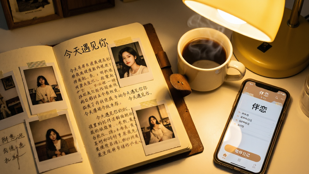 主体:一本打开的日记本,页面上贴有照片和手写文字,旁边放着一杯热咖啡和手机,手机屏幕显示“伴恋”应用中的日记编辑界面。布局:日记本占据画面左侧,手机在右侧,上方有暖光台灯照明。排版:日记页面文字与图片错落有致,手机界面清晰可辨。风格:复古文艺风格,暖黄色调,质感细腻。细节:日记本上有“今天遇见你”字样,手机界面有“陪伴日记”发布按钮。画质:柔和,干净,无多余元素。