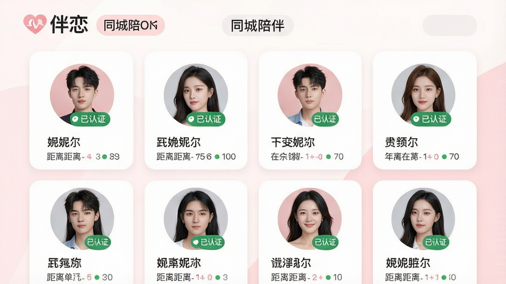 主体:一张手机截图风格的图片,顶部显示“伴恋”LOGO和“同城陪伴”分类标签,下方排列着多位年轻男女的认证头像卡片,每张卡片上有“已认证”绿色小标。布局:手机屏幕居中,上下有留白,卡片采用两列网格排列。排版:界面简洁,文字清晰,头像为圆形,间距均匀。风格:现代UI设计风格,色彩清新,以白色和淡粉色为主。细节:头像下方显示昵称、距离和年龄,底部有“在线”状态小圆点。画质:干净,高清,无多余元素。