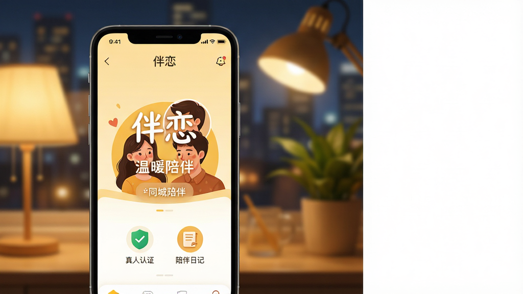 主体:一部亮着柔和灯光的智能手机,屏幕显示“伴恋”应用界面,界面中有温暖色调的男女用户头像和“同城陪伴”字样,背景是模糊的城市夜景。布局:手机居中偏左,右侧留白,整体采用上下构图,上方为应用界面特写,下方为温馨的室内场景。排版:画面干净,文字“伴恋”与“温暖陪伴”用艺术字呈现于屏幕中央。风格:写实摄影与数字插画结合,暖黄色调,温馨治愈。细节:手机屏幕上有“真人认证”“陪伴日记”小图标,背景有模糊的台灯和绿植。画质:高清,干净,无多余元素。