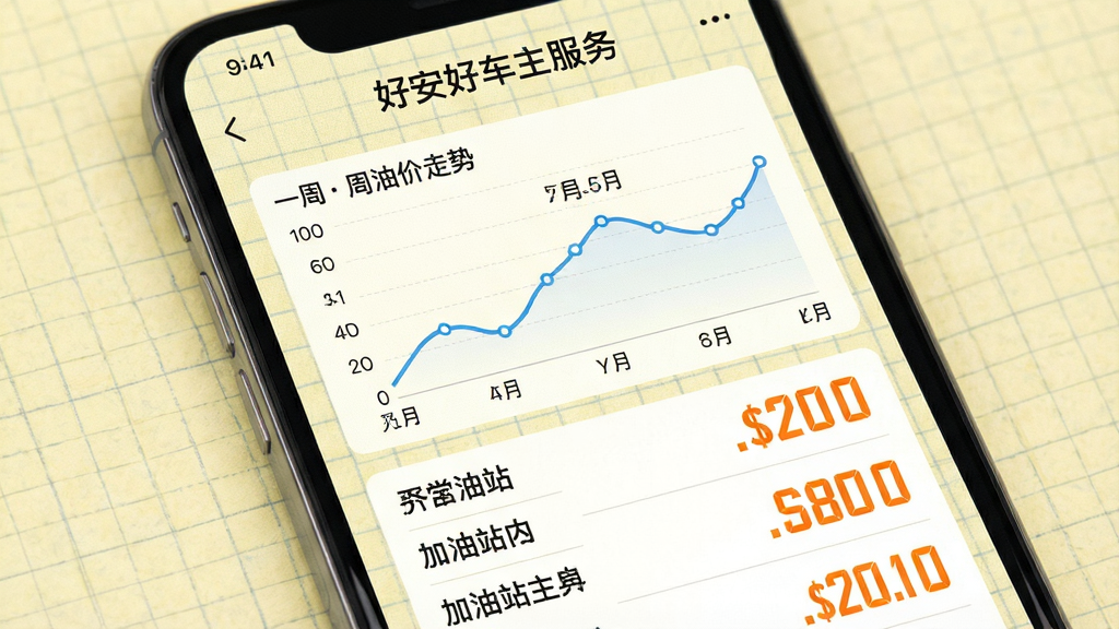 一张以数据可视化风格呈现的手机截图,屏幕中央显示“好安好车主服务”油价查询页面,页面以折线图展示近一周油价走势,下方用列表形式列出几家加油站名称及对应油价,数字用醒目的橙色字体突出显示,背景为浅黄色网格纸纹理,整体风格专业清晰,突出实时数据查询功能,画质细腻,无多余元素
