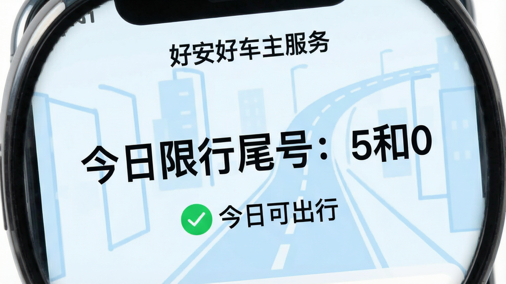 一张手机应用界面的局部放大预览图,界面顶部显示“好安好车主服务”字样,主体部分用大号字体展示“今日限行尾号:5和0”,下方有绿色对勾图标表示“今日可出行”,背景为淡蓝色城市道路抽象线条,整体风格清晰直观,强调提醒功能,画面干净整洁,高清画质,无多余装饰元素