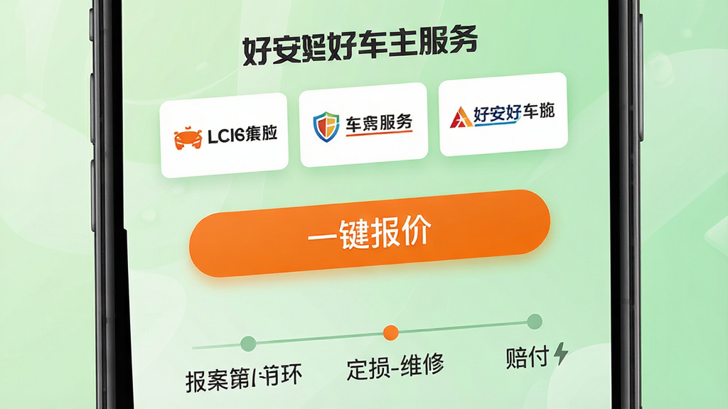 一张手机应用界面设计图,屏幕中央显示“好安好车主服务”车险服务专区,上方排列几家保险公司Logo,中间是“一键报价”橙色按钮,下方以时间轴形式展示“报案-定损-维修-赔付”理赔流程,背景为浅绿色渐变,整体风格商务稳重,突出专业性与便捷性,高清画质,无多余杂乱元素
