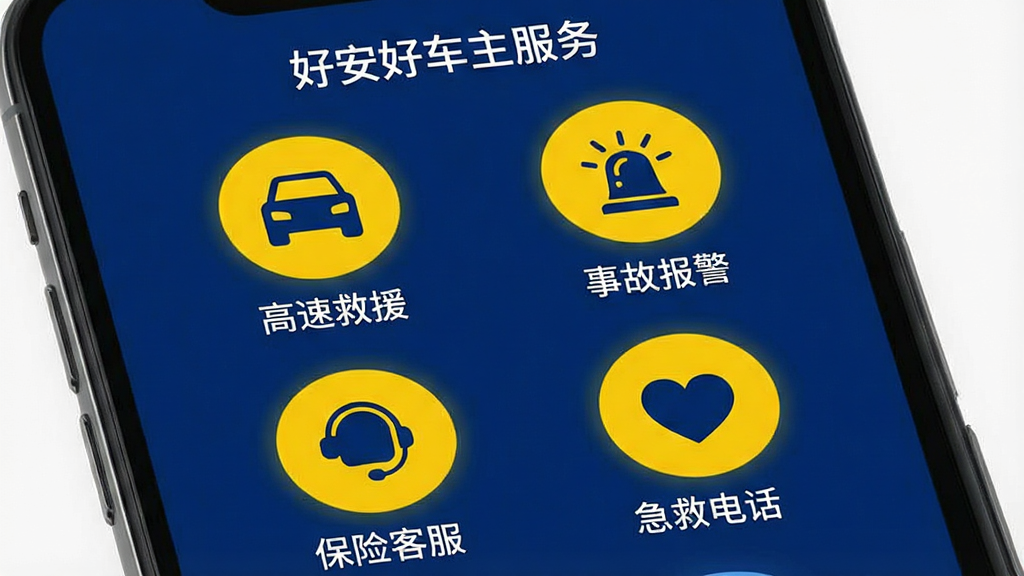一张手机应用界面截图,屏幕中央显示“好安好车主服务”应急工具页面,以圆形图标排列着“高速救援”、“事故报警”、“保险客服”、“急救电话”四个按钮,每个图标下方有对应文字,背景为沉稳的深蓝色,图标采用亮黄色高亮显示,整体风格简洁实用,突出快速响应特性,画质清晰,无多余元素