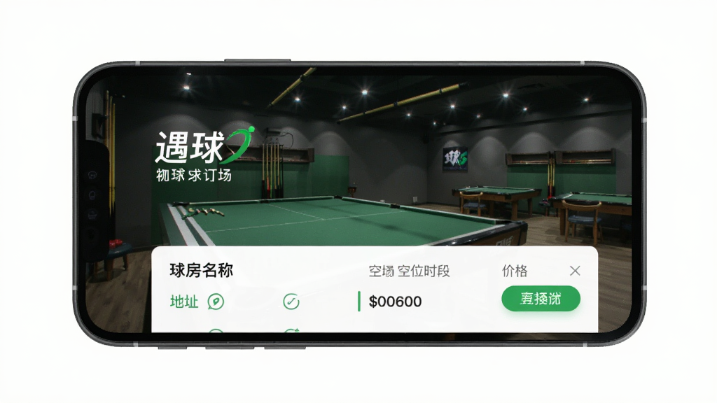 手机端球房预订页面,展示球房名称、地址、空位时段、价格,背景为球房实景,界面清爽,绿色主调,突出“遇球”订场功能,画质干净,无多余元素