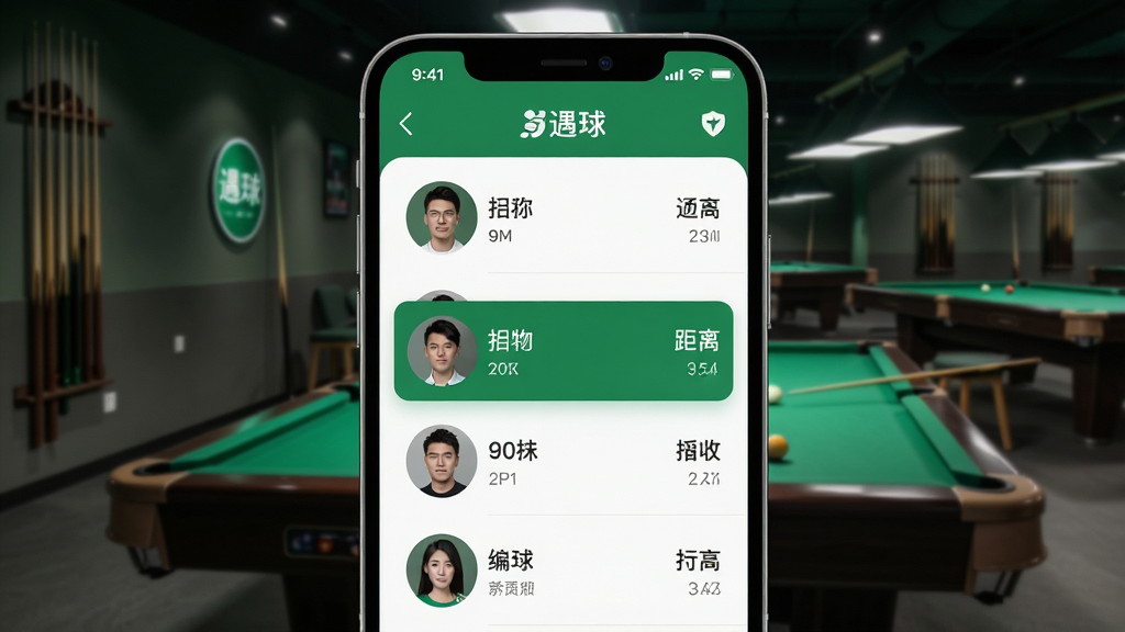 手机界面展示附近球友列表,头像、昵称、距离、球技等级清晰可见,背景为台球厅实景,界面简洁现代,主色调为绿色和白色,画质干净,无多余元素,突出“遇球”的约球功能