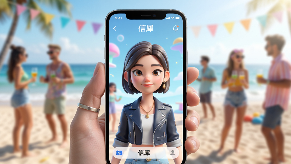 主体:一位用户手持手机,屏幕上显示「信犀」应用的3D虚拟世界界面,界面中有一个精美的超写实3D角色。布局:前景为手机屏幕特写,背景是模糊的沙滩派对场景,营造沉浸感。排版:手机屏幕居中,周围留白,突出应用界面。风格:科技感与梦幻感结合,色彩明亮通透。细节:3D角色面部表情生动,服饰细节清晰,屏幕中有“信犀”字样。画质:8K超高清,干净,无多余元素。