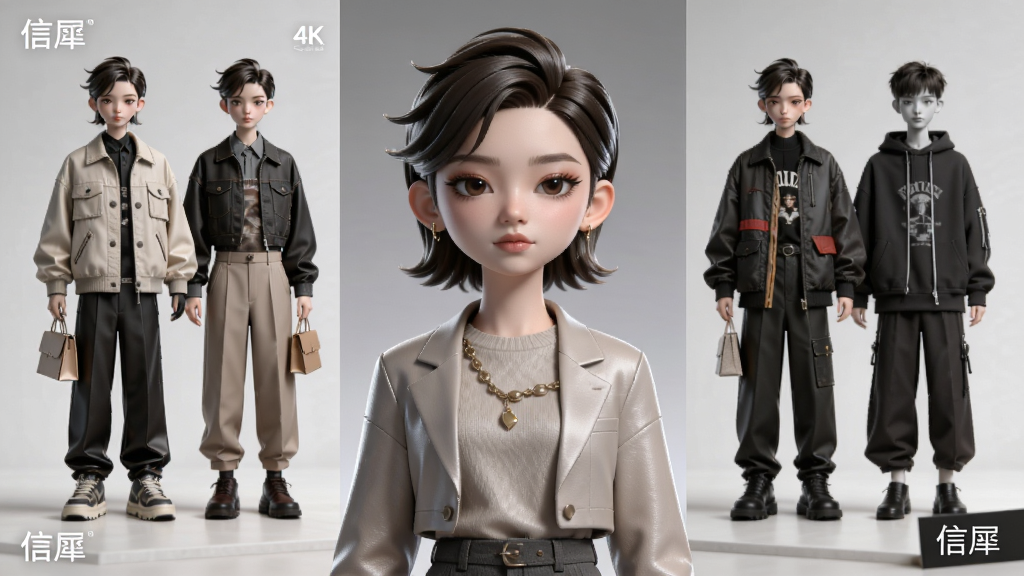 主体:一个超写实3D虚拟角色在「信犀」中展示多套时尚穿搭。布局:角色全身像居中,左右两侧分别展示不同风格的服装搭配。排版:角色占画面主要位置,服装细节清晰可见。风格:时尚杂志风格,高清渲染。细节:角色的发型、妆容、服饰纹理、光影效果都极致细腻,画面角落有“信犀”logo。画质:4K超清,干净,无多余元素。
