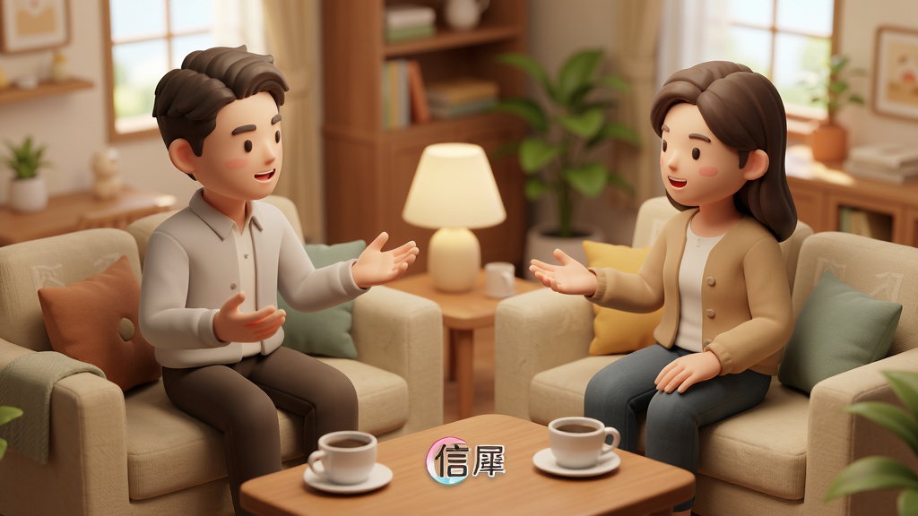 主体:两个超写实3D角色在「信犀」虚拟客厅中互动聊天。布局:两人面对面坐在沙发上,前景有茶几和咖啡杯,背景是温馨的房间。排版:采用45度斜视角,画面自然。风格:温馨治愈,3D渲染。细节:角色的表情自然生动,有手势互动,茶几上放着“信犀”标志。画质:高清晰度,干净,无多余元素。